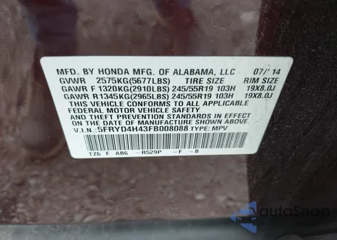 2015 Acura Mdx Technology Package from USA, damaged, VIN 5FRYD4H43FB008088